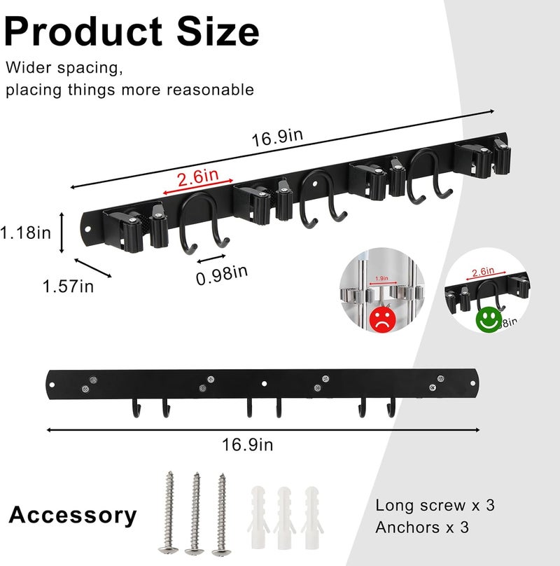GUUKAR Mop Broom Holder Wall Mount, Black Stainless Steel Tool Storage Organizer for Kitchen Garden Garage Laundry Room Bathroom and RV with 4 Slots 6 Hooks - Image 4